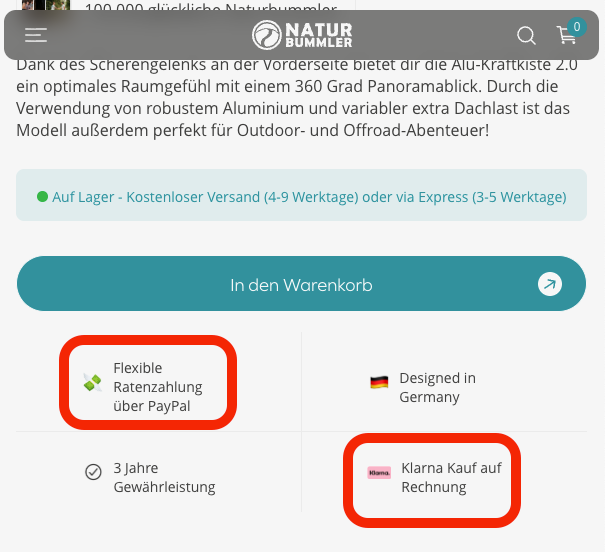 Dachzelt auf Raten kaufen Naturbummler Ratenzahlungskauf auf Produkseite.