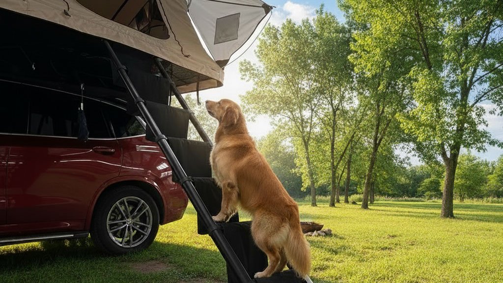 Hund kommt ins Dachzelt über Treppe bzw. Hundeleiter