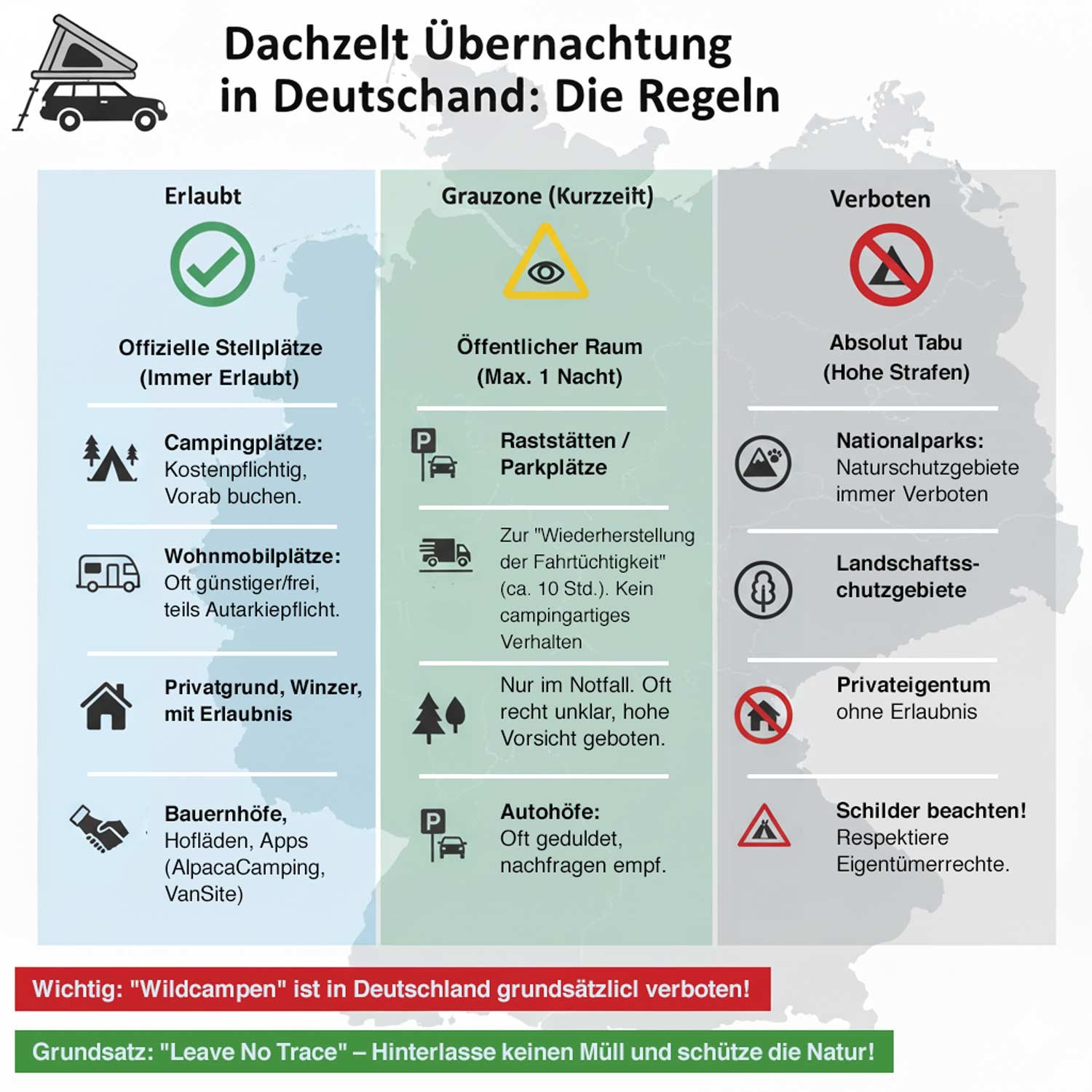 Infografik, die zeigt, wo ich mit Dachzelt übernachten darf